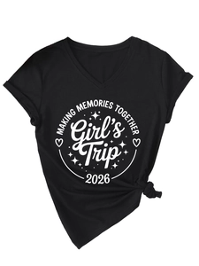 Detail of V-neck black T-shirt with Making Memories Together 2026 print and side knot
