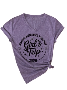 Detail of purple V-neck T-shirt with Making Memories Together Girl's Trip 2026 print