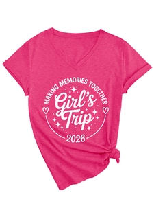 Detail of rose red V-neck T-shirt featuring Girl's Trip 2026 print and side knot design