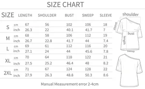 Detailed size chart with measurements for women's one-shoulder short sleeve T-shirt