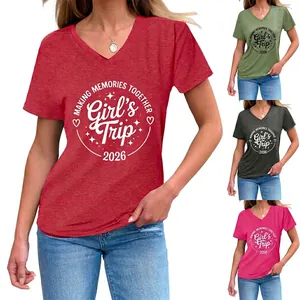 Women V Neck Short Sleeve T-Shirt Cotton Blend Printed Girl Trip 2026 Vacation Holiday Top Knotted Hem Casual