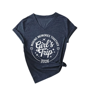 Heather navy V-neck t-shirt with white Girl's Trip 2026 making memories together print