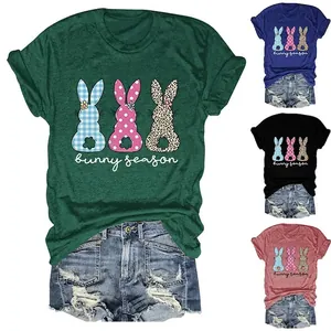 T-Shirt Femme Mélange De Coton Coupe Décontractée Col Rond Manches Courtes Imprimé Lapin Haut De Vacances De Pâques