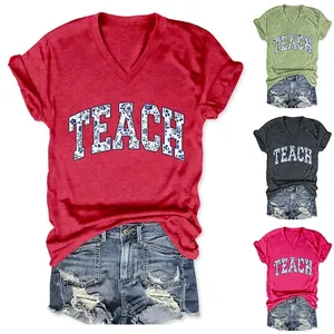 T-Shirt Da Donna Con Scollo A V Maniche Corte Stampa Floreale Lettera Teach Misto Cotone Top Casual Nodo Laterale
