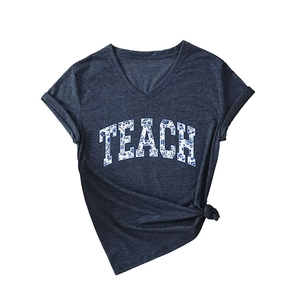 T-shirt da donna con scollo a V grigio scuro melange con scritta floreale TEACH