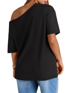 Back view of a trendy black cold-shoulder short sleeve T-shirt with soft fabric texture