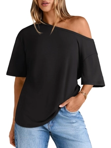 Detail view of black cold-shoulder T-shirt with plane and heart flag print detail