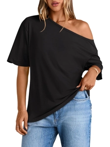 Close-up of black off-the-shoulder t-shirt fabric and relaxed fit neckline details