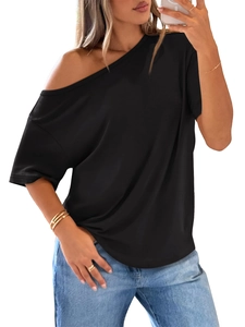 Detail of a black off-shoulder short sleeve tee with silky drape fabric texture