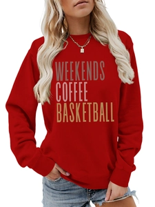 Detail of red crewneck sweatshirt with layered weekends coffee basketball print graphics
