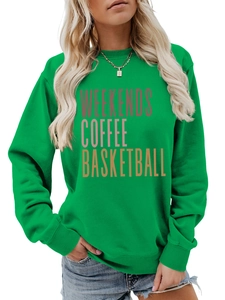 Close-up of green long sleeve crewneck sweatshirt with WEEKENDS COFFEE BASKETBALL print
