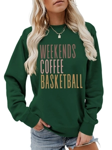 Close-up of Weekends Coffee Coffee lettering on green long-sleeve crewneck sweatshirt