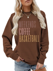 Detail of ribbed neckline and Weekends Coffee text on brown long sleeve sweatshirt