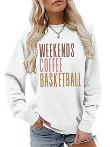 Detail of the gradient text print on white crewneck sweatshirt with ribbed cuffs