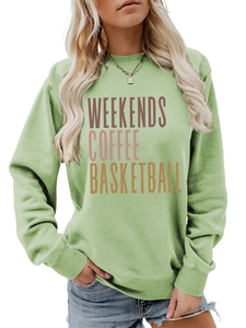 Detail of light green sweatshirt featuring weekends coffee basketball text print