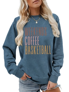 Detail of the navy blue crewneck sweatshirt with colorful Weekends Coffee text print