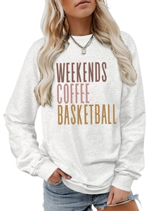Close-up of the ribbed crewneck and Weekends Coffee Basketball print on grey sweatshirt