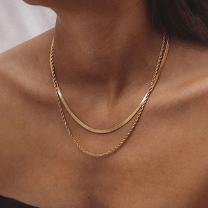Double Layer Necklace Stainless Steel Herringbone Snake Bone And Rope Chain 18K Gold Plated Vintage Jewelry For Women