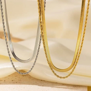 Double-layered 18k gold plated stainless steel snake and twisted rope chain necklace
