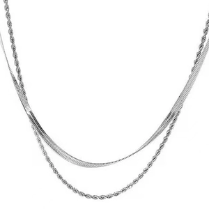 Double layer necklace set with flat snake chain and twisted rope chain in silver finish