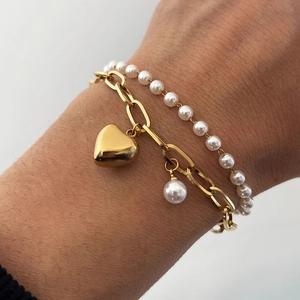Double Layer Heart Pendant Bracelet For Women Stainless Steel Gold Plated Imitation Artificial Pearl Link Chain Elegant Jewelry