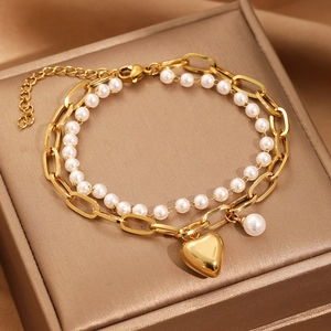 Double-layer pearl and gold heart pendant bracelet with adjustable lobster clasp