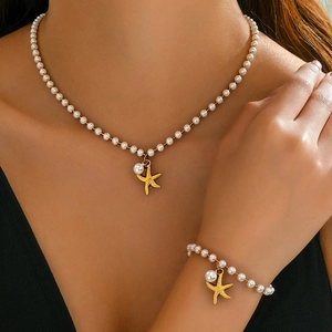 18K Gold Plated Stainless Steel Artificial Pearl Necklace And Bracelet Elegant Starfish Pendant Beach Jewelry For Women