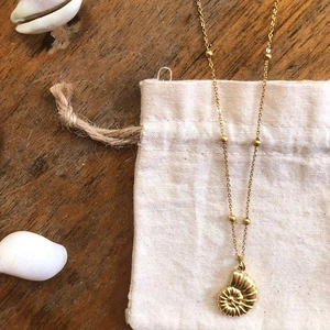 Collier avec pendentif nautile en acier inoxydable plaqué or 18 carats sur pochette
