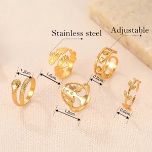 5-piece gold stainless steel adjustable ring set with size specifications and diverse designs