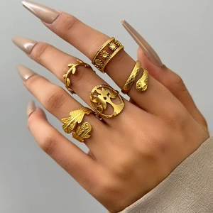 Adjustable Rings Stainless Steel Vintage Bohemian Snake Tree Of Life Leaf Sunflower Feather Fashion Jewelry For Women