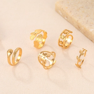 5Pcs set adjustable gold stainless steel rings featuring snake tree of life and leaf motifs