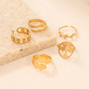 5-piece gold stainless steel adjustable open ring set with vintage bohemian floral designs