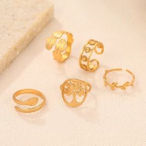 5Pcs gold adjustable stainless steel ring set with snake tree leaf and flower designs