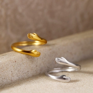 Minimalist stainless steel hugging hands open rings in gold and silver finish