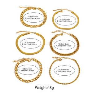Set of 6 gold stainless steel bracelets including Cuban, snake, and Figaro link chains