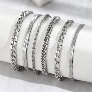 Exquisite 6-piece silver stainless steel bracelet set with diverse chain textures