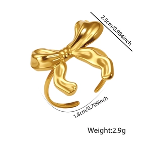 Polished 18k gold stainless steel bow ring with adjustable opening and dimension labels