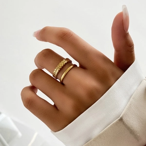 Leaf Wheat Ear Double Layer Ring 18K Gold Plated Stainless Steel Adjustable Minimalist Ins Style Jewelry For Women