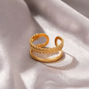 Minimalist 18K gold plated stainless steel leaf ring with layered wheat ear design
