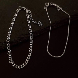 Men's dual-layer stainless steel curb and snake chain bracelets set in silver finish