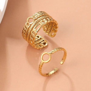 Gold plated stainless steel geometric open ring set with braided texture and twisted band