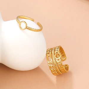 Polished gold adjustable geometric stainless steel rings set in a minimalist style