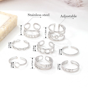 8-piece set of silver stainless steel open rings featuring link and braided chain designs