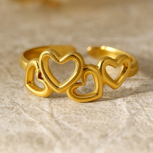 Vintage gold heart hollow stainless steel ring with adjustable open band for women