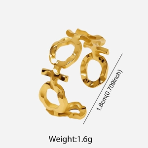 Adjustable golden stainless steel open ring with geometric cutouts and hammered texture