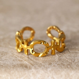 Minimalist stainless steel open ring with female gender symbol and gold hammered texture