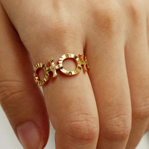 Stainless Steel Open Ring Hammered Texture Adjustable Geometric Hollow Fashion Jewelry For Women Elegant Metal Jewelry
