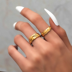 Stainless Steel Open Rings Irregular Wave Texture Adjustable Minimalist Geometric Fashion Jewelry For Women