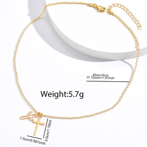 Golden stainless steel double cross pendant necklace with mirror and hollow design