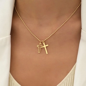 Stainless Steel Dual Cross Pendant Necklace Gold Plated Bead Chain Minimalist Layered Jewelry For Women